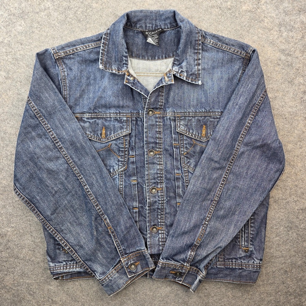 Rocawear Jacket Mens 44 Blue Denim Jean Biker Trucker Button Front Casual